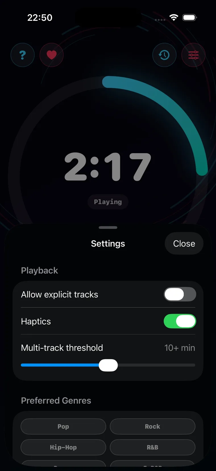 Music Timer settings for genres, save, block, and playback options