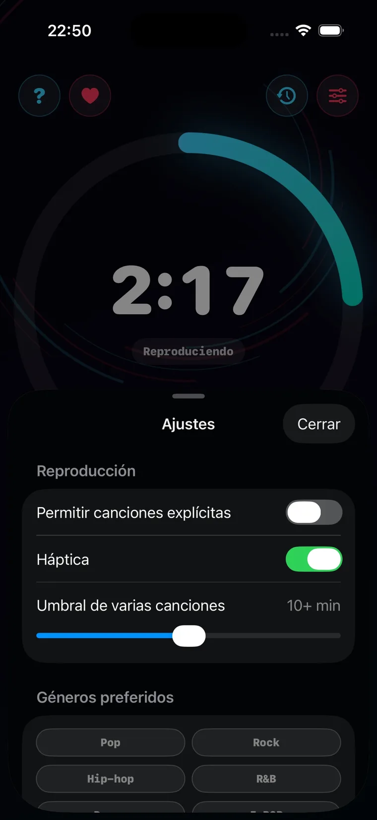 Ajustes de Timer musical con géneros, guardar y bloquear