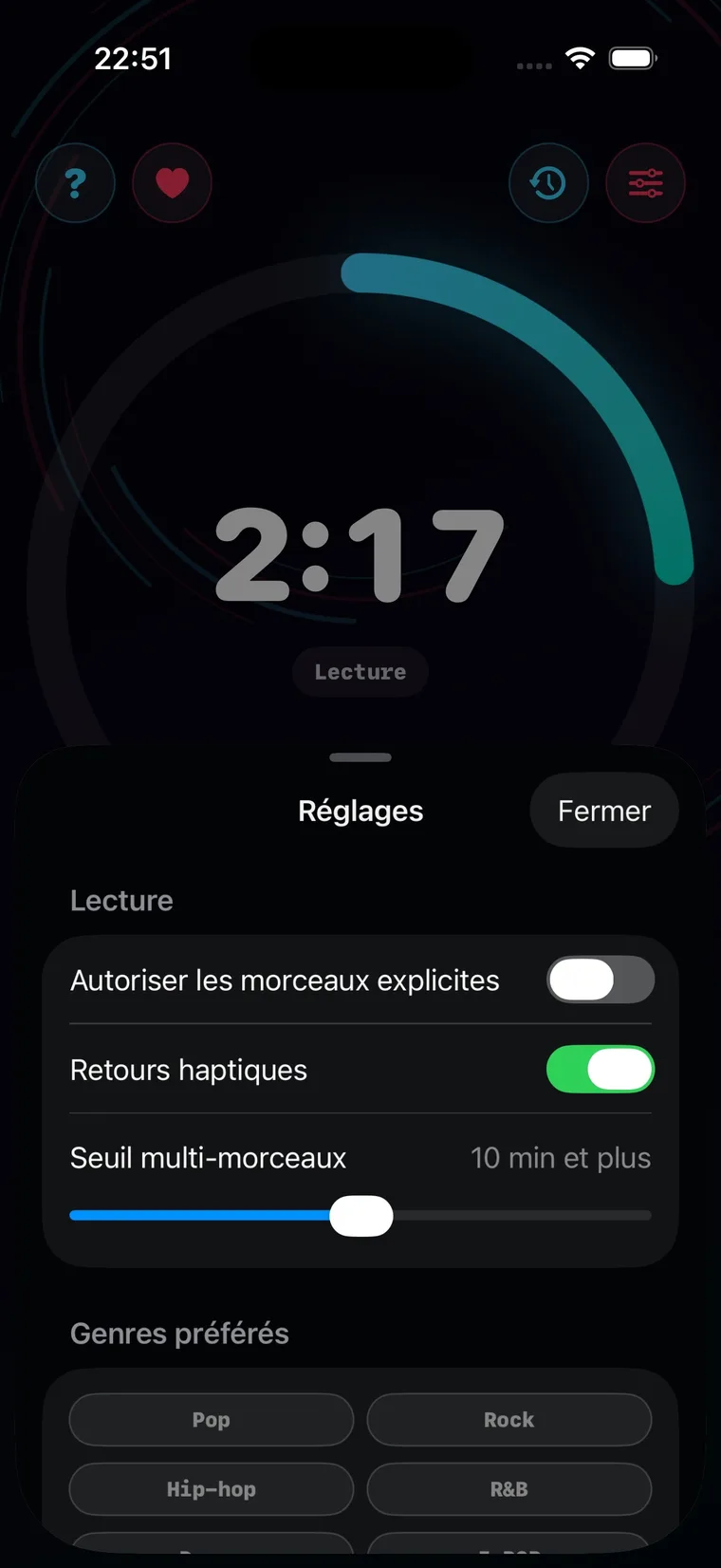 Réglages du minuteur musical avec genres, favoris et blocage