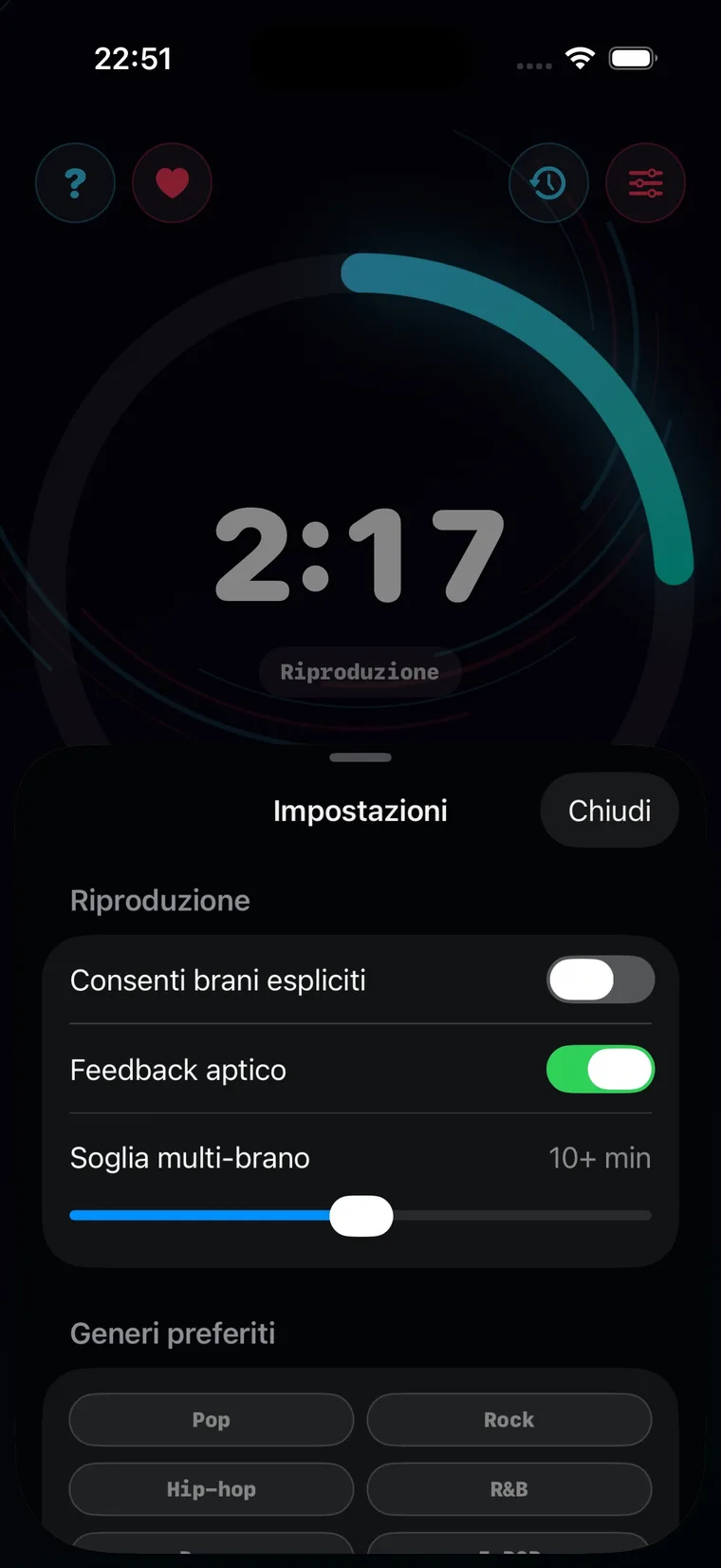 Impostazioni di Timer musicale con generi, salvataggio e blocco