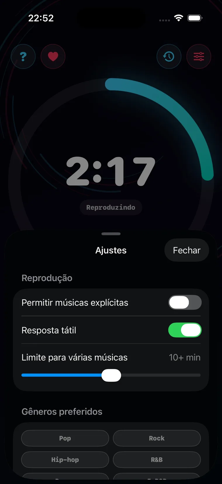 Configurações do Timer musical com gêneros, salvar e bloquear
